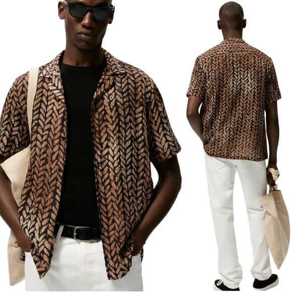 NWT Zara Men's Leaf Lightweight Black Brown Button Up Short Sleeve Shirt Top XL - Picture 1 of 10